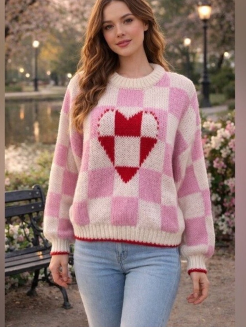 NWT Luna Ivy Anthropologie Heart Sweater Checkered Pink Cozy Crochet Size S.